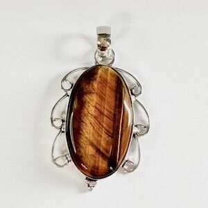 TIGER’S Eye Genuine Stone Pendant 925 Sterling Silver Plated
